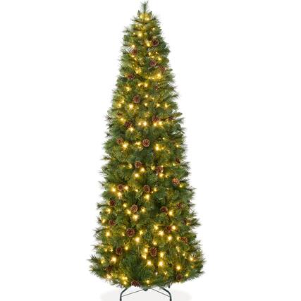 Front. Best Choice Products - Best Choice Products 9ft Pre-Lit Artificial Scotch Pine Pencil Christmas Tree w/ 500 LED Lights, Metal Stand - Green.
