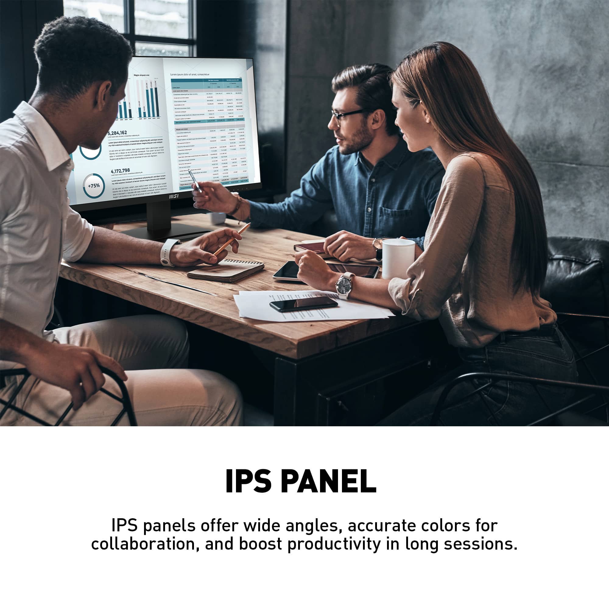 IPS panels offer wide angles, accurate colors for collaboration, and boost productivity in long sessions.