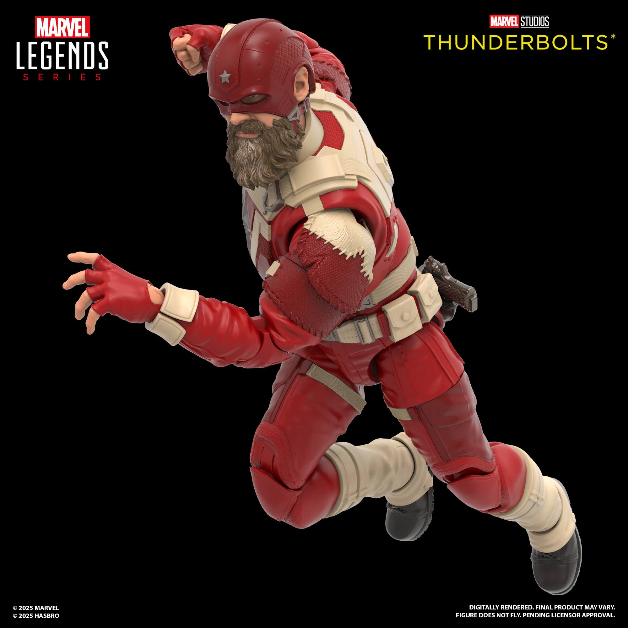The image features a Marvel Legends action figure of Thunderbolts. The figure is dressed in red and white, and it appears to be in motion, possibly jumping or running. The figure is a part of the Marvel Studios Thunderbolts series and was digitally rendered. The final product may vary, and it is not yet clear if it has received licensor approval.