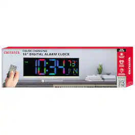 Aiwa - 16-Inch Color-Changing Digital Alarm Clock with RGB LED Display, Dual Alarms, Built-In Bottom Night Light - Black