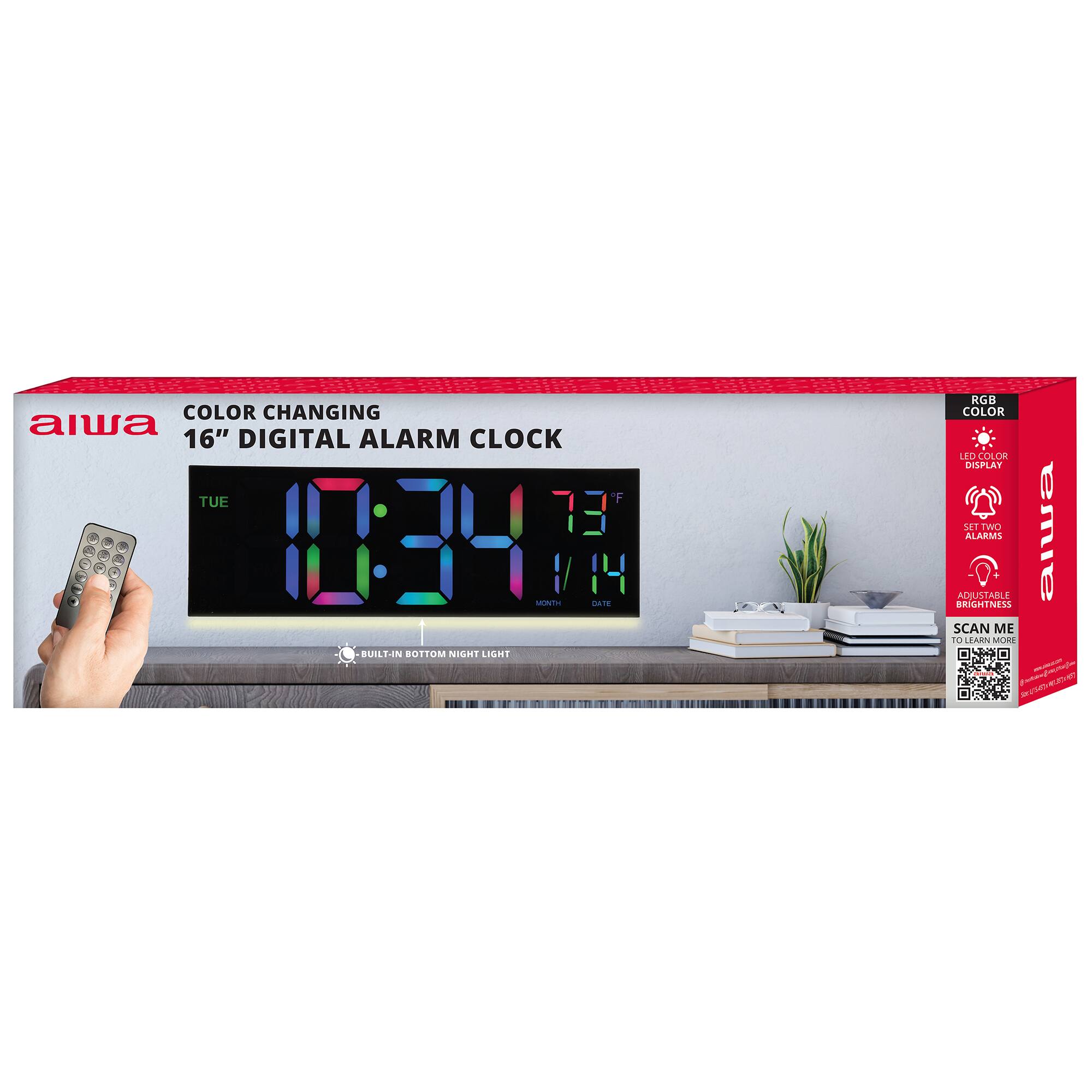 Aiwa - 16-Inch Color-Changing Digital Alarm Clock with RGB LED Display, Dual Alarms, Built-In Bottom Night Light - Black