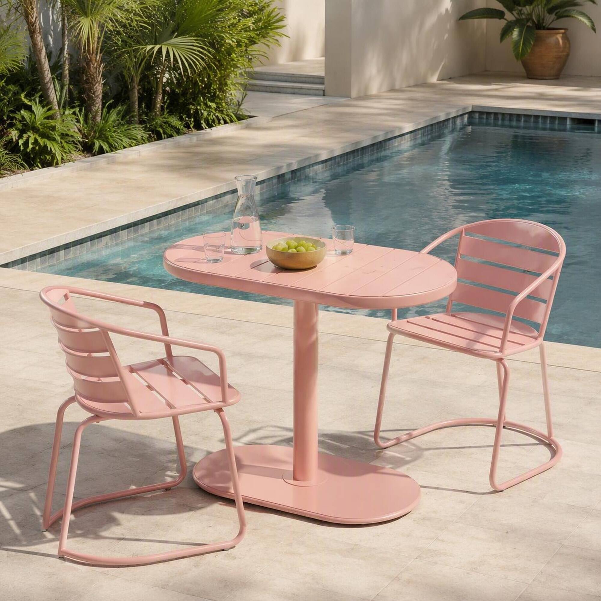 Alt View 1. RYHNUYNE - 3-Piece Pink Metal Outdoor Bistro Set,Oval Patio Table & 2 Armchairs,Outdoor Furniture for Balcony Garden Backyard - Coral.