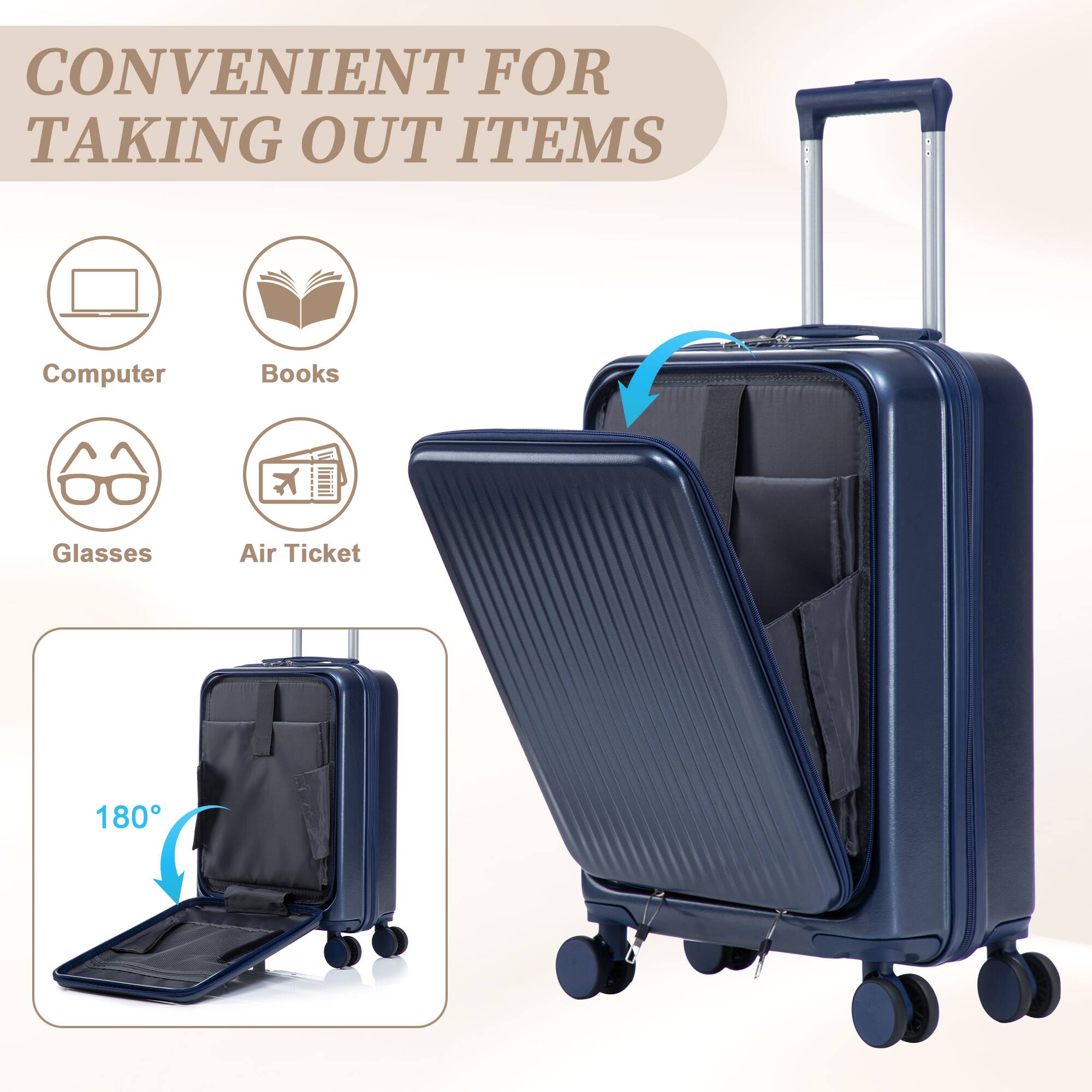 CONVENIENT FOR TAKING OUT ITEMS

- Computer
- Books
- Glasses
- Air Ticket

180°