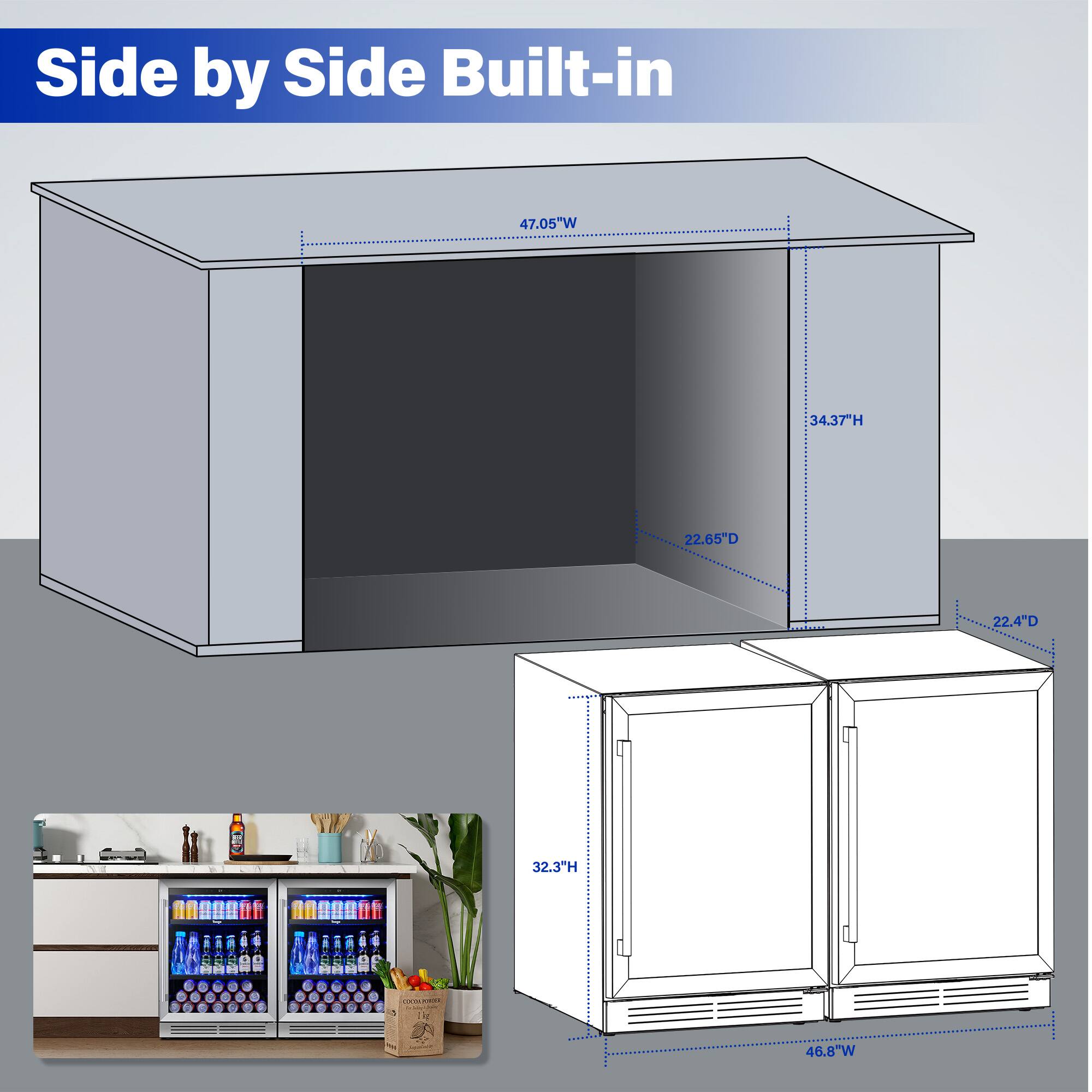Side by Side Built-in

- Width: 47.05"
- Height: 34.37"
- Depth: 22.65"
- Depth (front): 22.4"
- Height (refrigerator): 32.3"
- Width (refrigerator): 46.8"