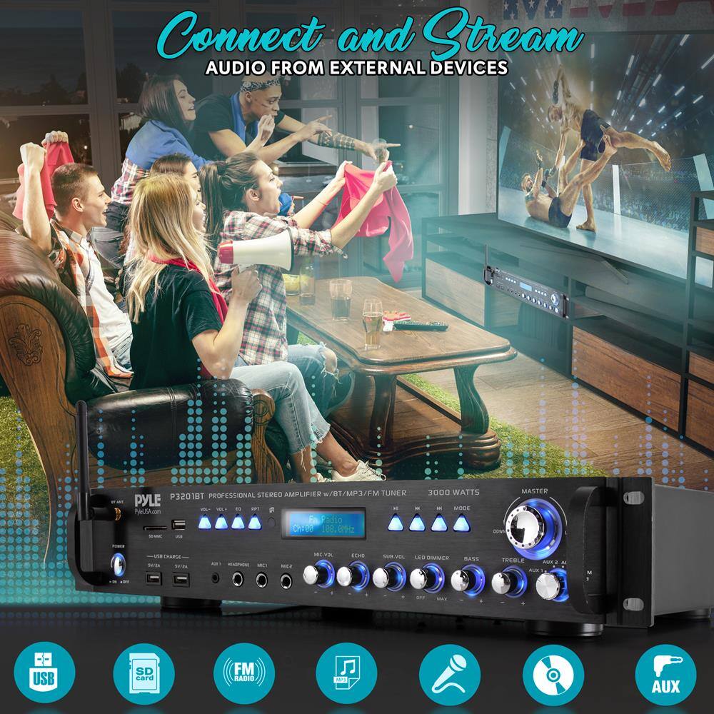 Connect and Stream  
AUDIO FROM EXTERNAL DEVICES

PYLE  
P3201BT PROFESSIONAL STEREO AMPLIFIER w/8T/MP3/FM TUNER  
3000 WATTS

- USB
- SD
- FM RADIO
- AUX
- MIC
- AUX IN