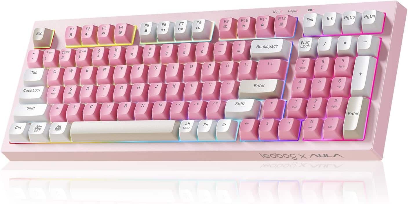 AULA - LEOBOG K99 Wireless Gaming Keyboard Bluetooth Creamy Typewriter Keyboard Full Size RGB Backlit with Number Pad - Pink
