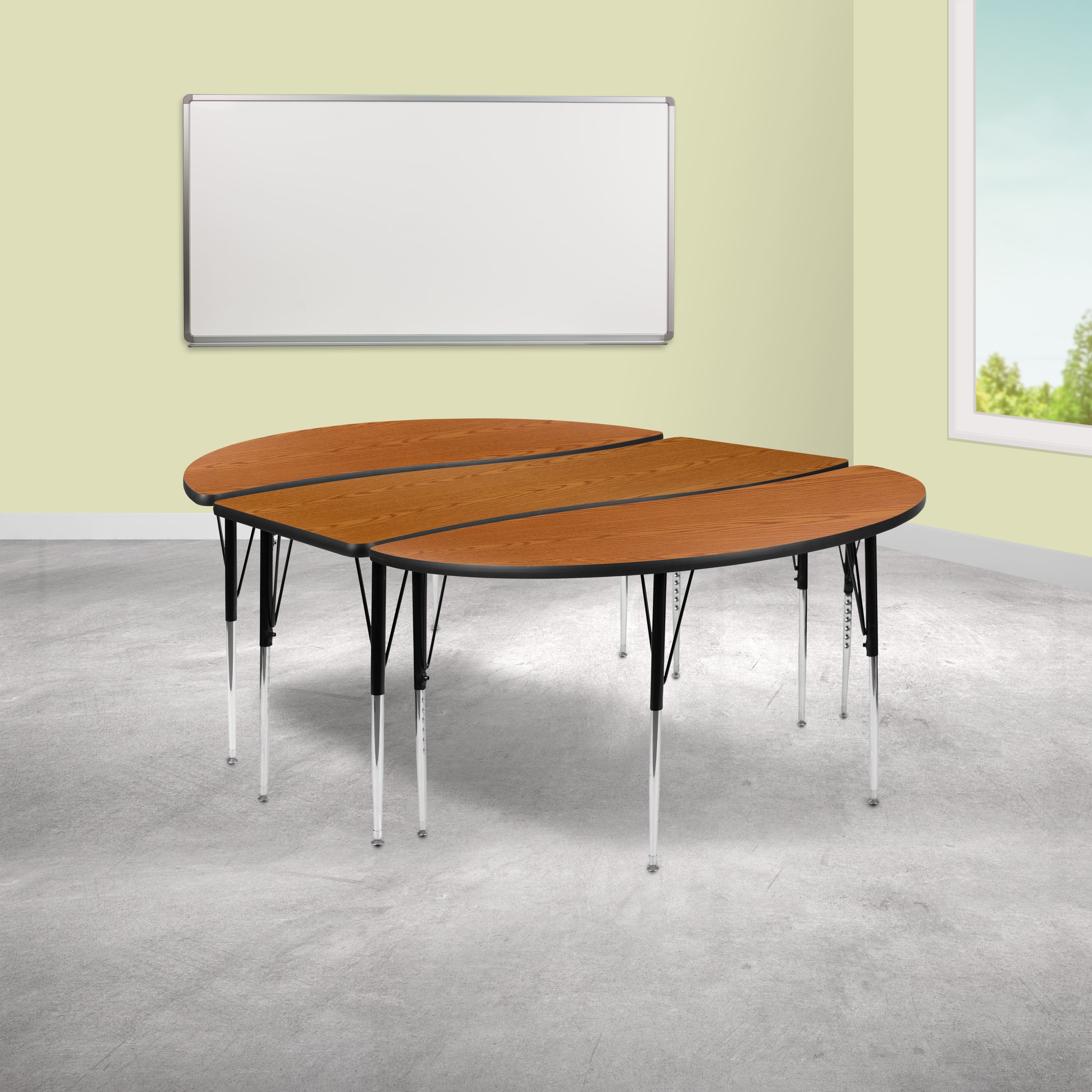 Emma + Oliver - 3 Piece 86" Oval Wave Collaborative Grey Adjustable Activity Table Set - Oak
