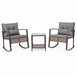 Gymax - 3PCS Rattan Wicker Patio Conversation Set w/Chairs 2-Tier Glass-Top Coffee Table Mixed Brown - Gray