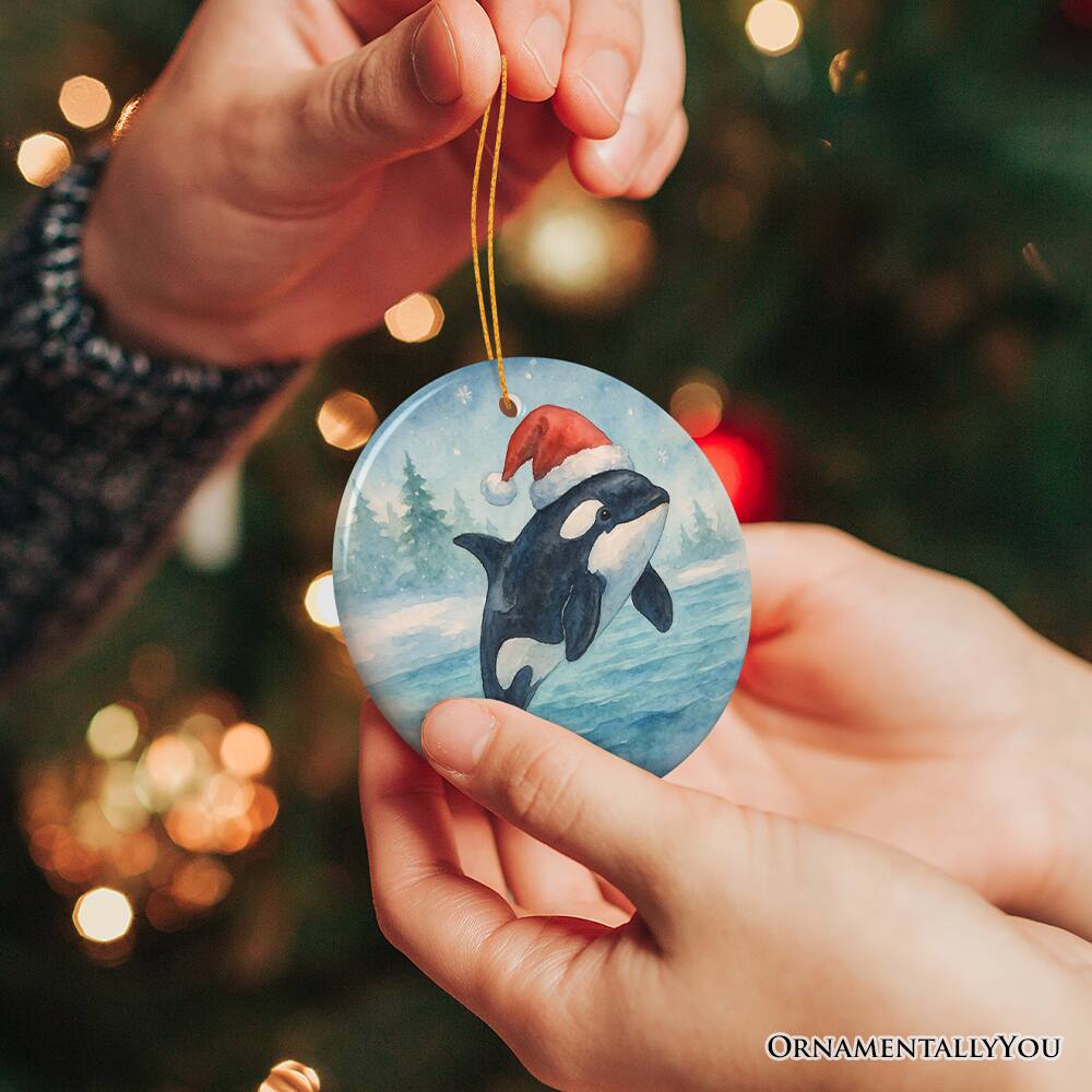 Alt View 1. OrnamentallyYou - Watercolor Orca in Santa Hat Christmas Ornament, Marine Animal Holiday Keepsake and Gift - Multi-colored.