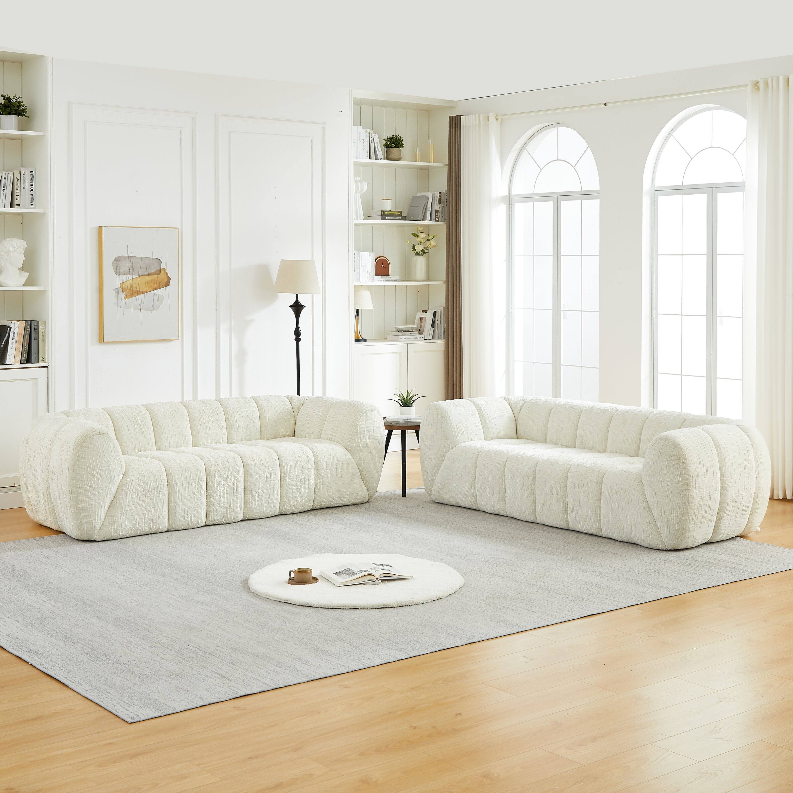 Angle. Anysun - Chenille Pure Foam Sofa Set – 3+3 Modern Quilted Cloud Sofa, Deep-Seat Chenille Sofa, Comfortable Two 3-Seater Sofas - Beige.