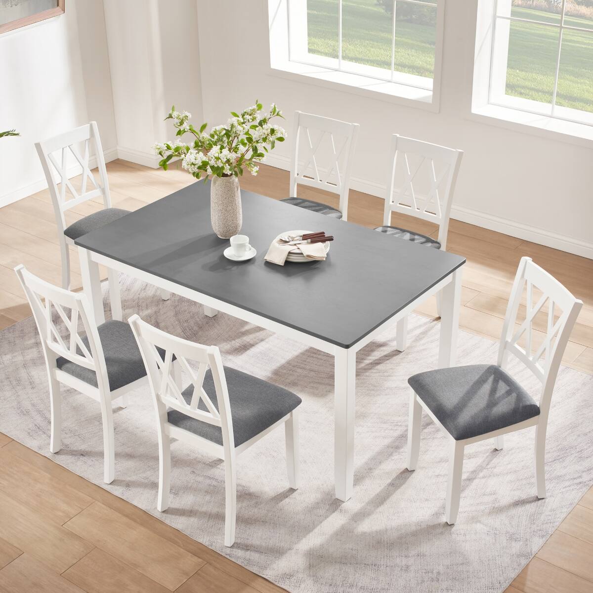 Angle. Loheer - Loheer 7 Piece Dining Set, Grey and White Dining Table Set for 6, Rectangular Wood Table with Upholstered Chairs - Grey and White.
