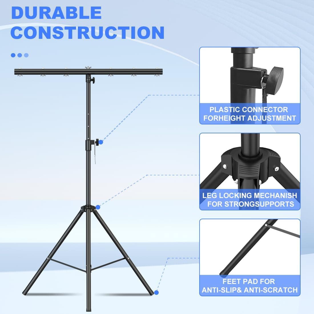 DURABLE CONSTRUCTION

- PLASTIC CONNECTOR FOR HEIGHT ADJUSTMENT
- LEG LOCKING MECHANISM FOR STRONG SUPPORTS
- FEET PAD FOR ANTI-SLIP & ANTI-SCRATCH