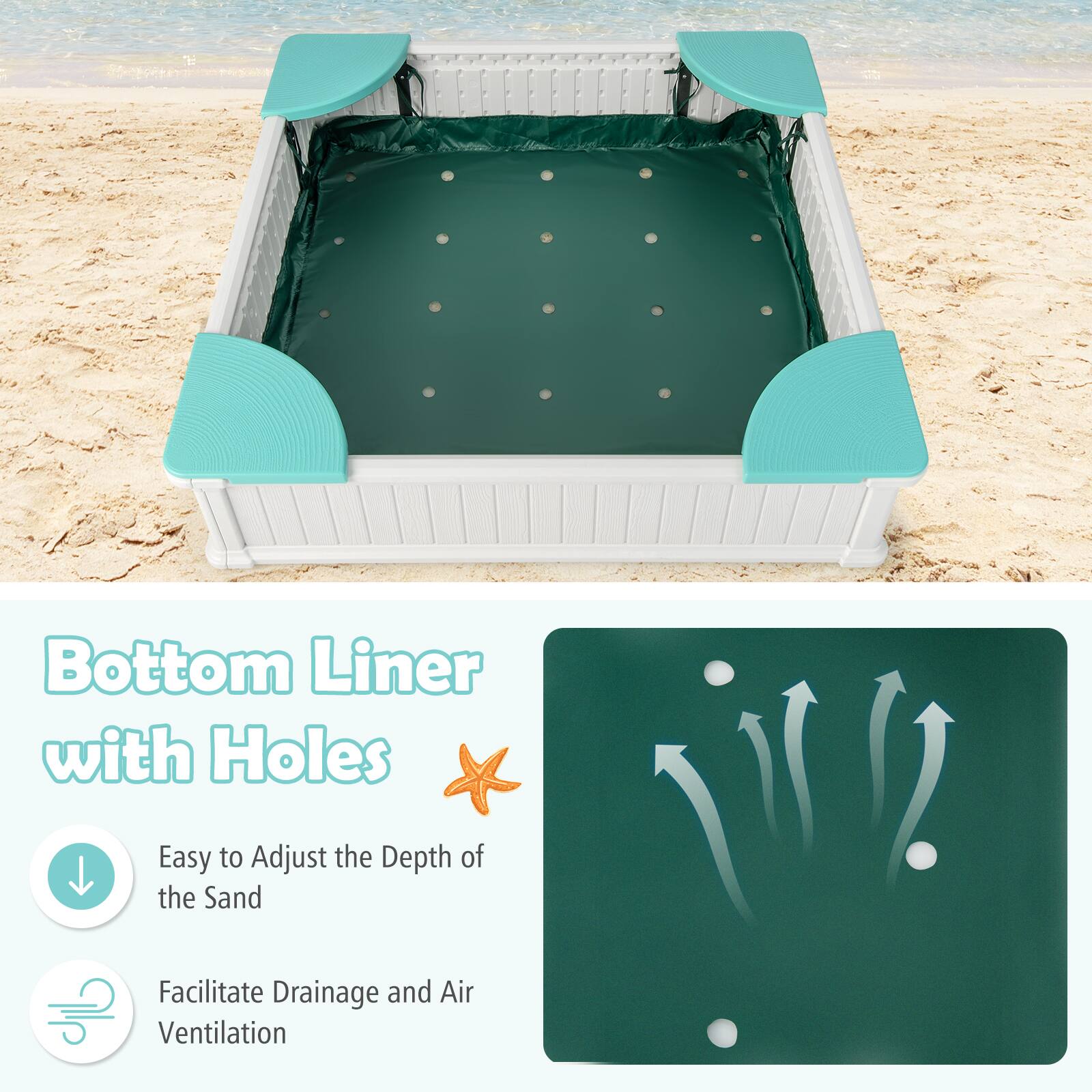 Bottom Liner with Holes  
Easy to Adjust the Depth of the Sand  
Facilitate Drainage and Air Ventilation