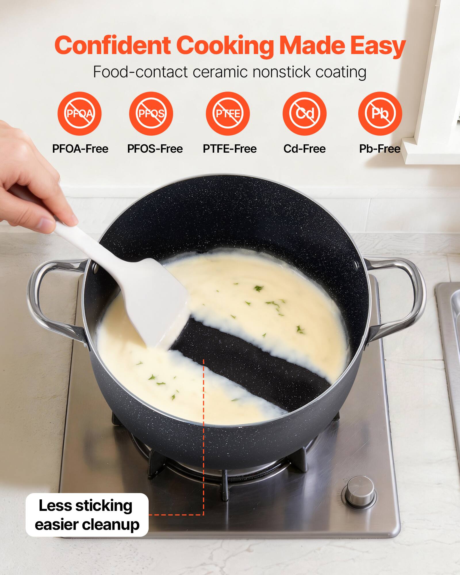Confident Cooking Made Easy  
Food-contact ceramic nonstick coating  
PPQA PPQS PTFE Cd PR PFOA-Free PFOS-Free PTFE-Free Cd-Free Pb-Free  
Less sticking easier cleanup