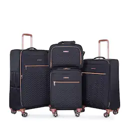 BreeBe - Lightweight Durable 4-Piece Softshell Suitcase Spinner Wheels Terylene Luggage Set - Black