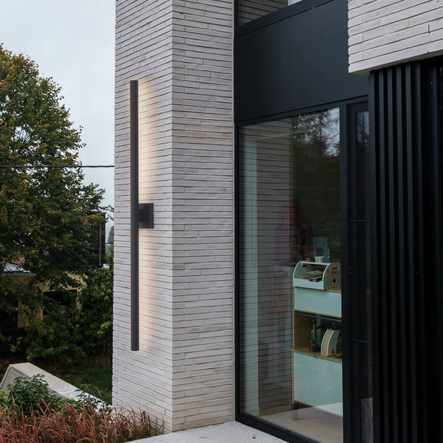 Left. Umeiluce - 50 inch Modern Aluminum LED outdoor Wall Light Waterproof Triac Dimming Cylinder Wall Sconces - Matte Black.