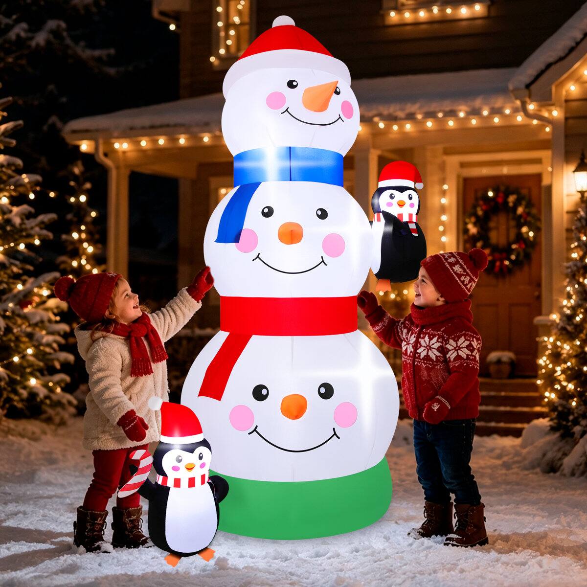 Angle. Wisairt - 6FT Christmas Inflatable Stacked Snowman Outdoor Yard Decoration with Built-in LED lihgts, 10s Fast Blow-up - Green|White|Red.