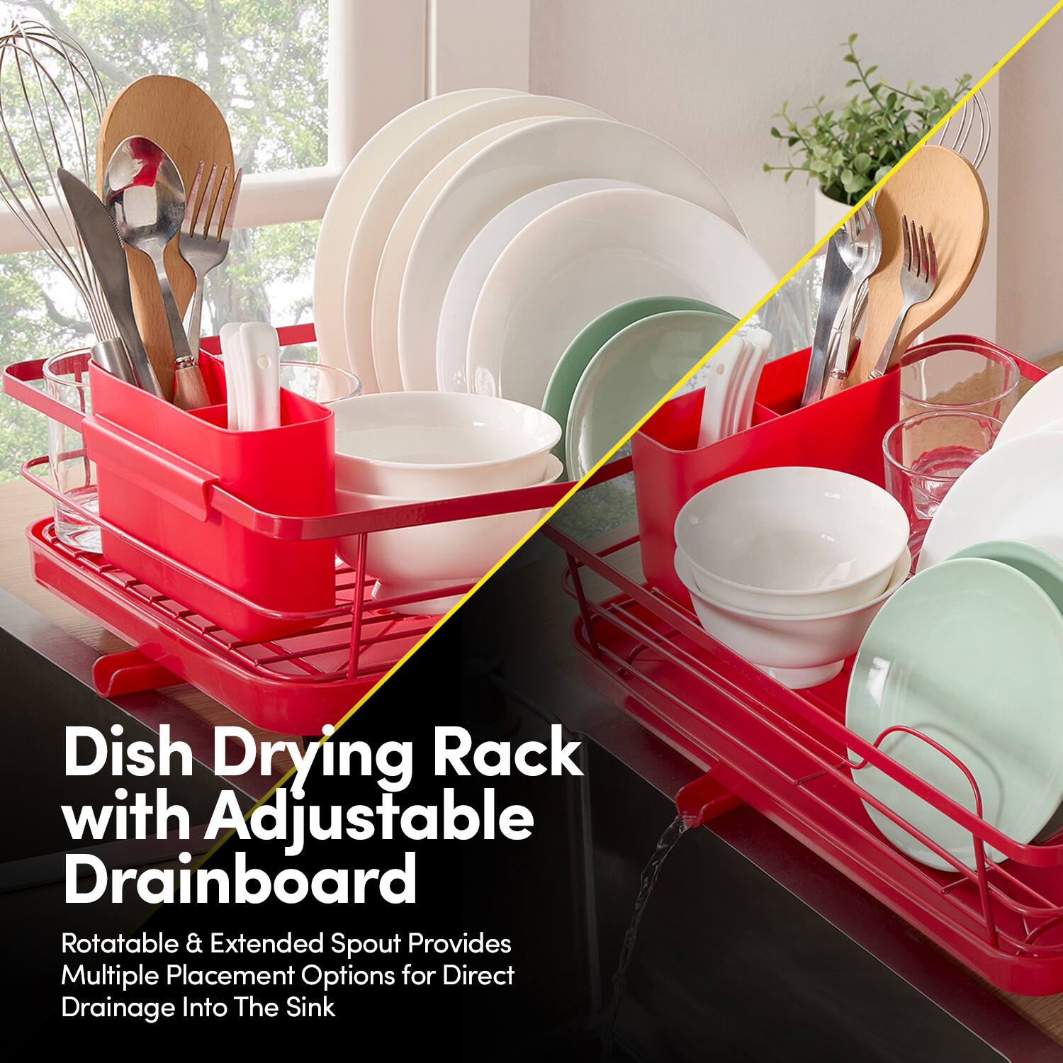 Dish Drying Rack with Adjustable Drainboard

Rotatable & Extended Spout Provides Multiple Placement Options for Direct Drainage Into The Sink