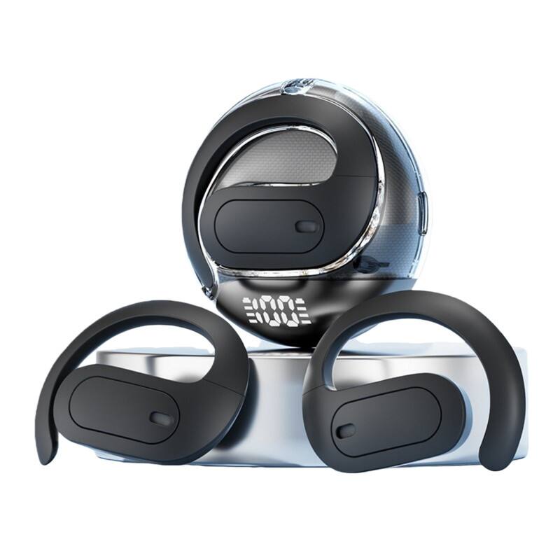 Front. RISOKEYS - Ear Hook Wireless Bluetooth Earbuds, Transparent Small Coconut Ball,Waterproof, for Sports Travel Commuting - Black.