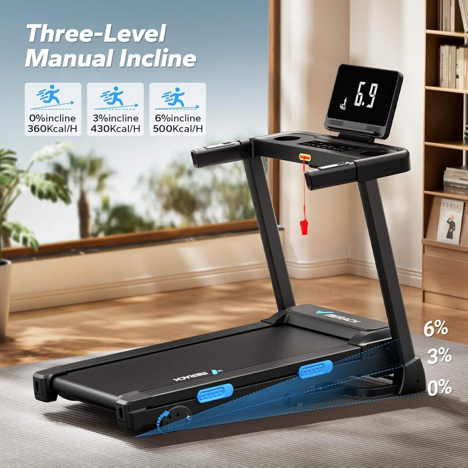 Three-Level Manual Incline:
- 0% incline: 360 Kcal/H
- 3% incline: 430 Kcal/H
- 6% incline: 500 Kcal/H