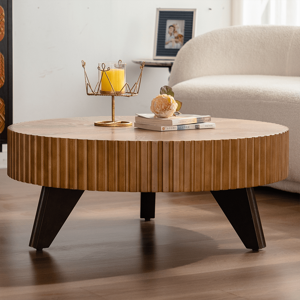 Left. Trinkets Crazed - Solid Round Coffee Table, Pedestal Design With Rustic Wood Grain | Space-Saving Accent Table - Natural.