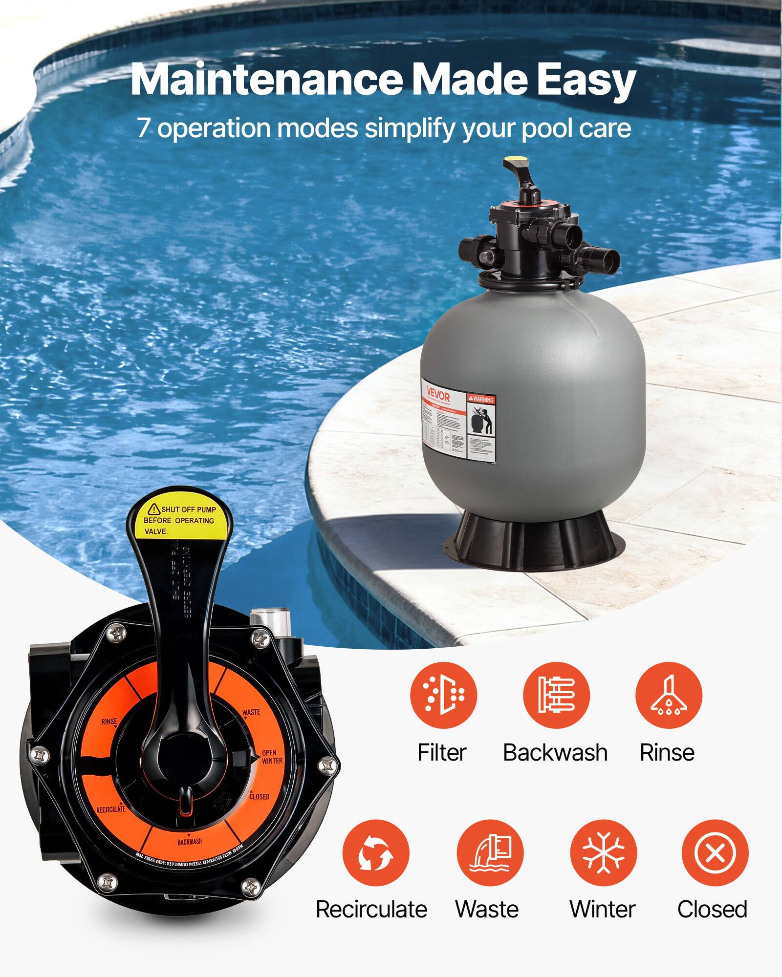 Maintenance Made Easy  
7 operation modes simplify your pool care  

VEVOR  
SHUT OFF PUMP BEFORE OPERATING VALVE  

Filter Backwash Rinse Recirculate Waste Winter Closed  

Filter  
Backwash  
Rinse  
Recirculate  
Waste  
Winter  
Closed