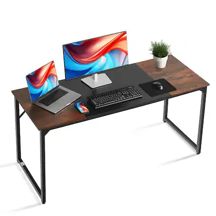 Front. VEVOR - Computer Desk, 63 Inch Office Gaming Desk for Home Office, Writing Study Work Modern Simple Table with Metal Frame - Black and Brown + Black Legs.