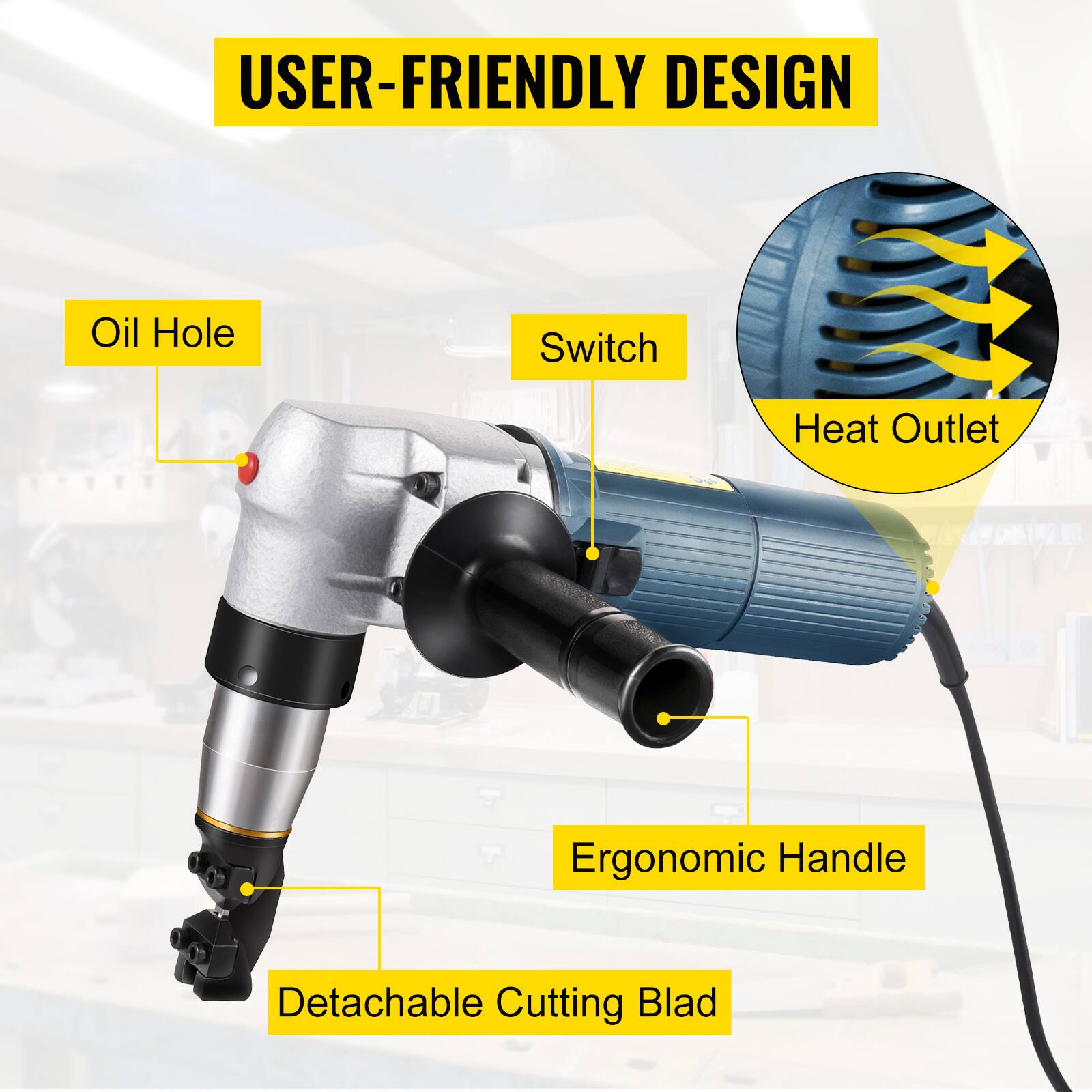 USER-FRIENDLY DESIGN

- Oil Hole
- Switch
- Heat Outlet
- Ergonomic Handle
- Detachable Cutting Blade