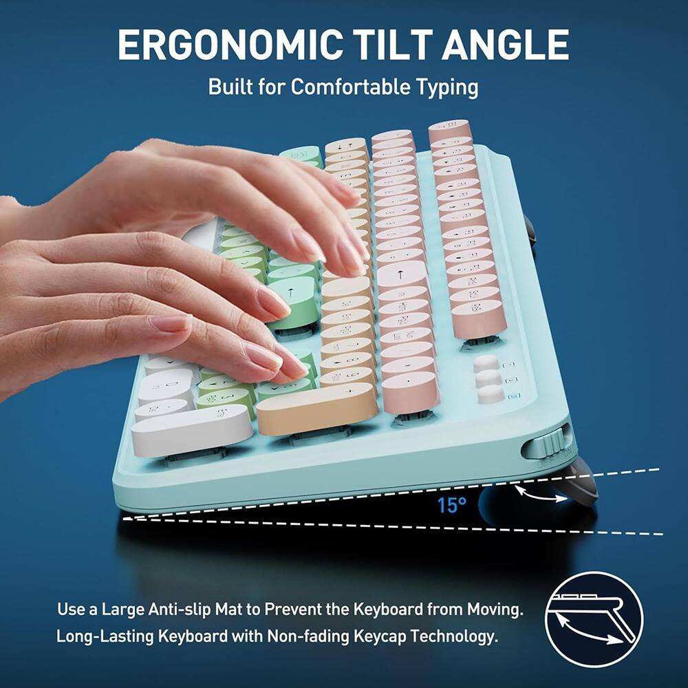ERGONOMIC TILT ANGLE  
Built for Comfortable Typing  

Use a Large Anti-slip Mat to Prevent the Keyboard from Moving.  
Long-Lasting Keyboard with Non-fading Keycap Technology.