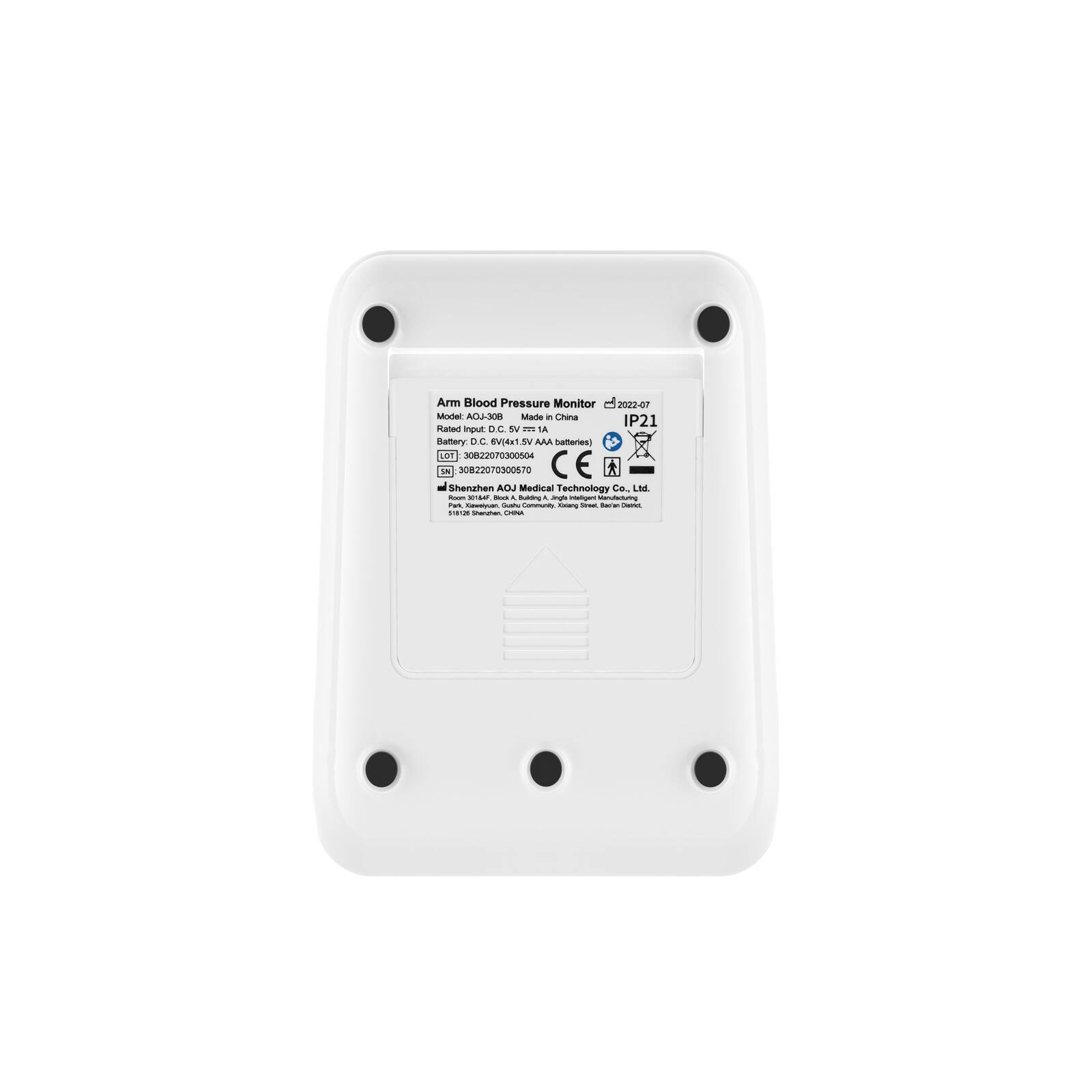 Arm Blood Pressure Monitor  
2022-07  
Model: AOJ-308  
Made in China  
IP21  
Rated Input: D.C. SV  
Battery: D.C. BV (4x1.5 AAA batteries)  
LOT: 30822070300504  
SN: 30822070300570  

Shenzhen AOJ Medical Technology Co., Ltd.  
Room XISA Stock A Building A, Jingb Himeligent Manufacturing Park, Kawelycan, Guahu Community Xixiang Street Baclan Dietrics 518/125 Sharchen, CHINA