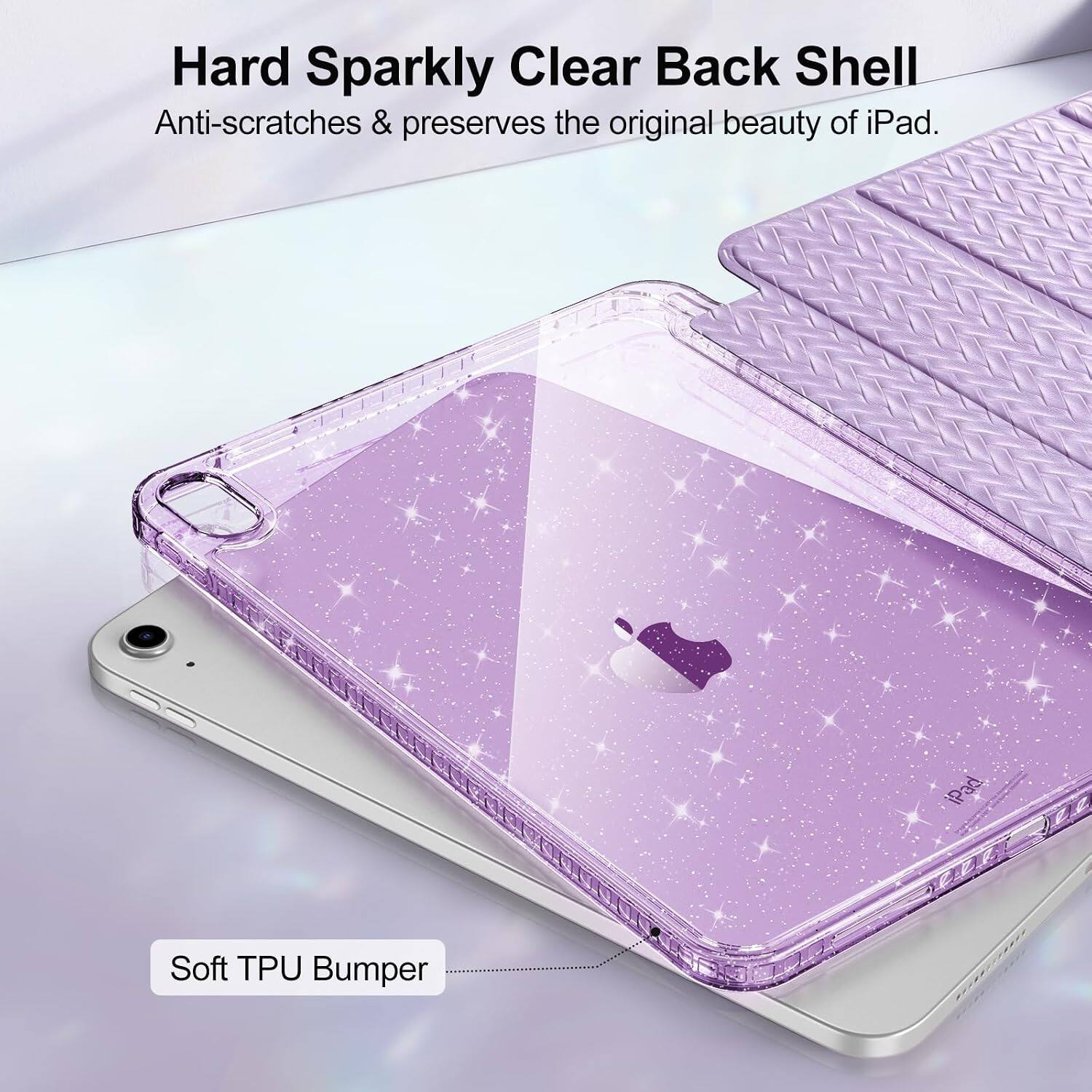 Hard Sparkly Clear Back Shell  
Anti-scratches & preserves the original beauty of iPad.  

iPad  
Soft TPU Bumper