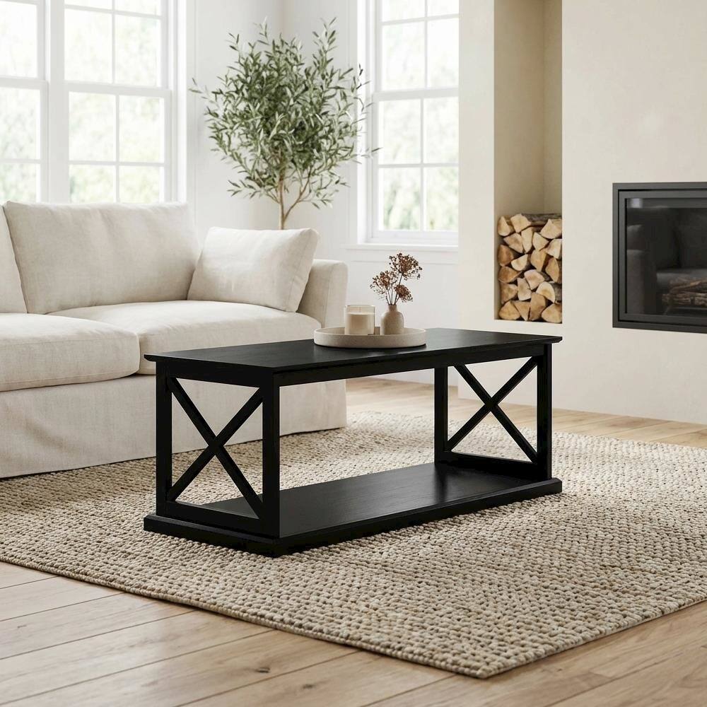 Back. FurniFact - Black Coffee Table with Shelf and Sturdy Frame for Living Room Storage - Black.