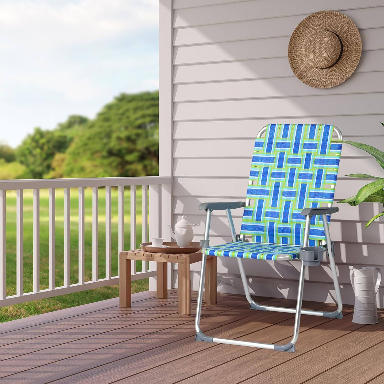 Alt View 3. Winado - 1PC 36in Portable Folding Aluminum Beach Chair with Cup Holder Webbed Beach Chair for Outdoor Camping Yard Garden Beach - Blue Stripe.