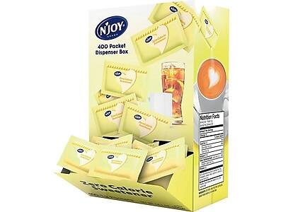 NJOY  
400 Packet Dispenser Box  

Zero Calorie Sweetener  

Nutrition Facts  
Serving Size: 1 Packet  
Servings Per Container: 400  

Amount Per Serving  
Calories 0  
Total Fat 0g  
Sodium 0mg  
Total Carbohydrate 0g  
Sugars 0g  
Protein 0g  

Ingredients:  
Erythritol, Stevia Leaf Extract  

Net Wt. 1 lb (16 oz)