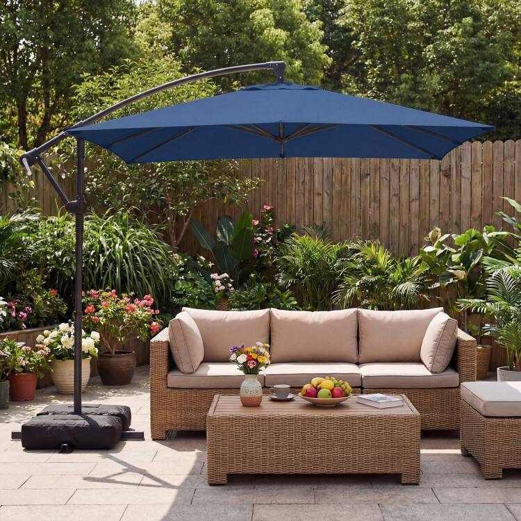 Angle. Mondawe - 8x8 FT Offset Cantilever Square Patio Umbrella 360 Rotation with Base - Navy.