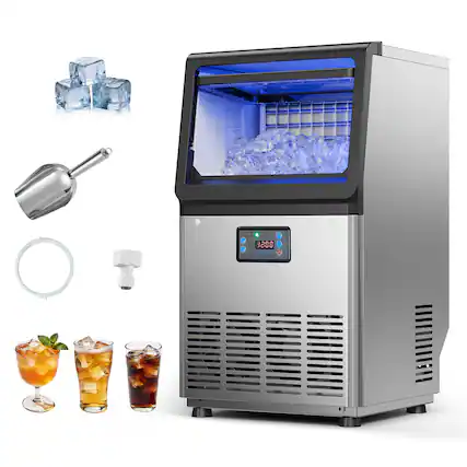 Front. VEVOR - Commercial Ice Maker Machine, 80 lbs/24h with 13 lbs Storage Capacity, Countertop/Freestanding/Under Counter - Silver.