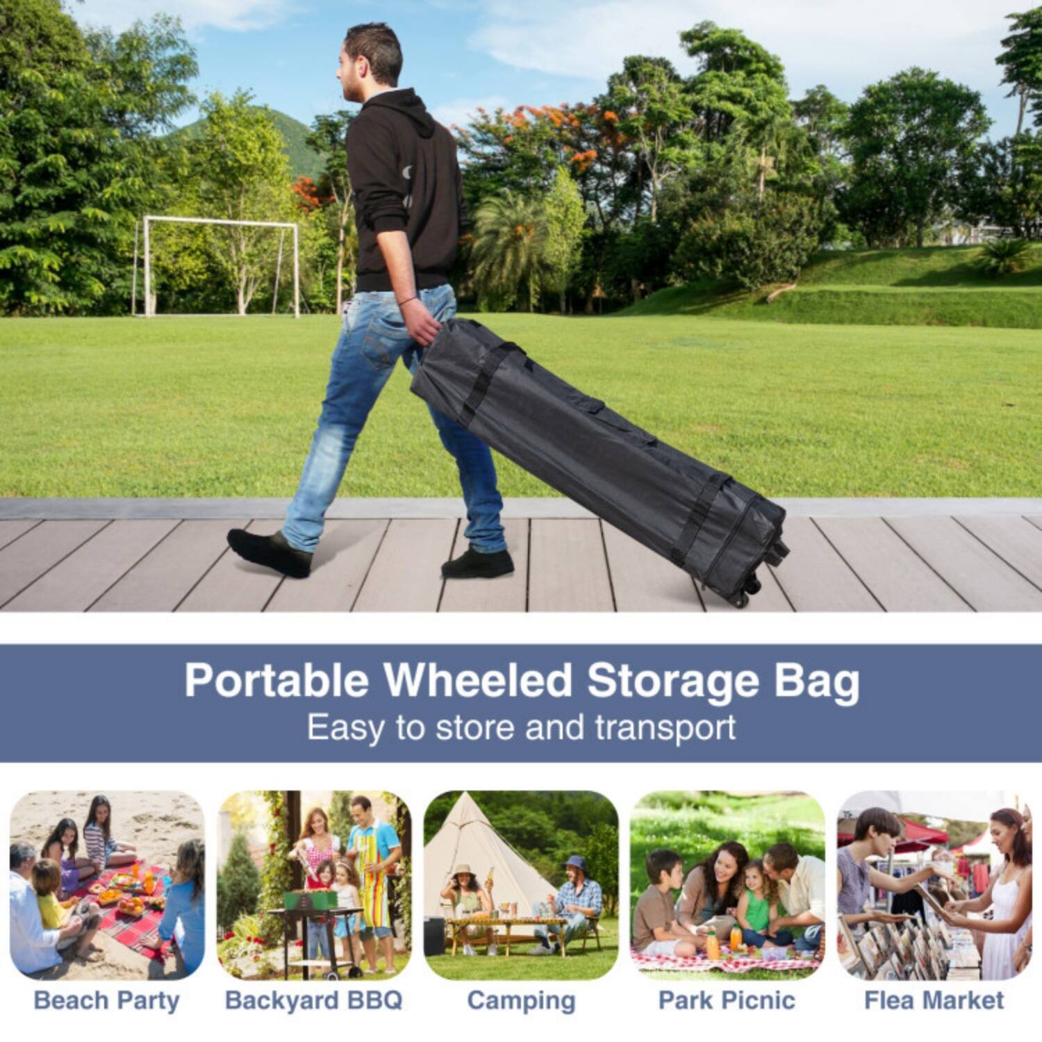 Portable Wheeled Storage Bag  
Easy to store and transport  

Beach Party  
Backyard BBQ  
Camping  
Park Picnic  
Flea Market