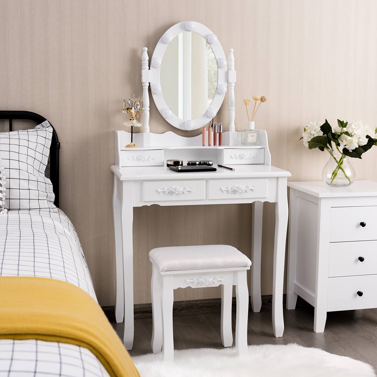 Alt View 9. Costway - Costway Vanity Dressing Table 10 Dimmable Bulbs Touch Switch - White.