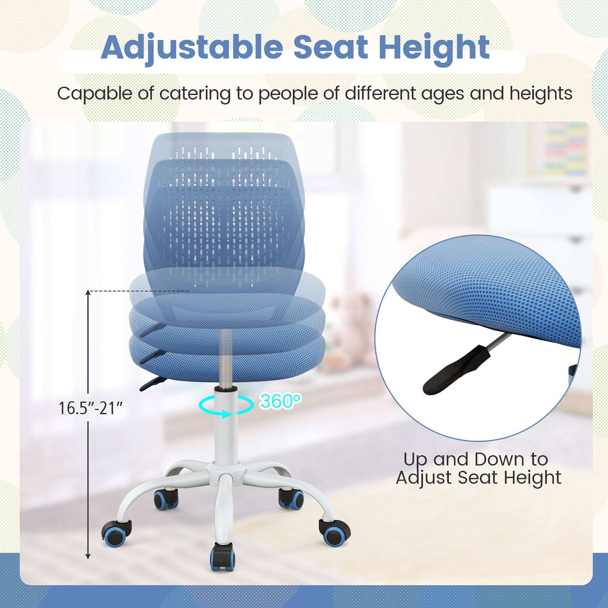 Adjustable Seat Height

Capable of catering to people of different ages and heights

16.5"-21"

360°

Up and Down to Adjust Seat Height