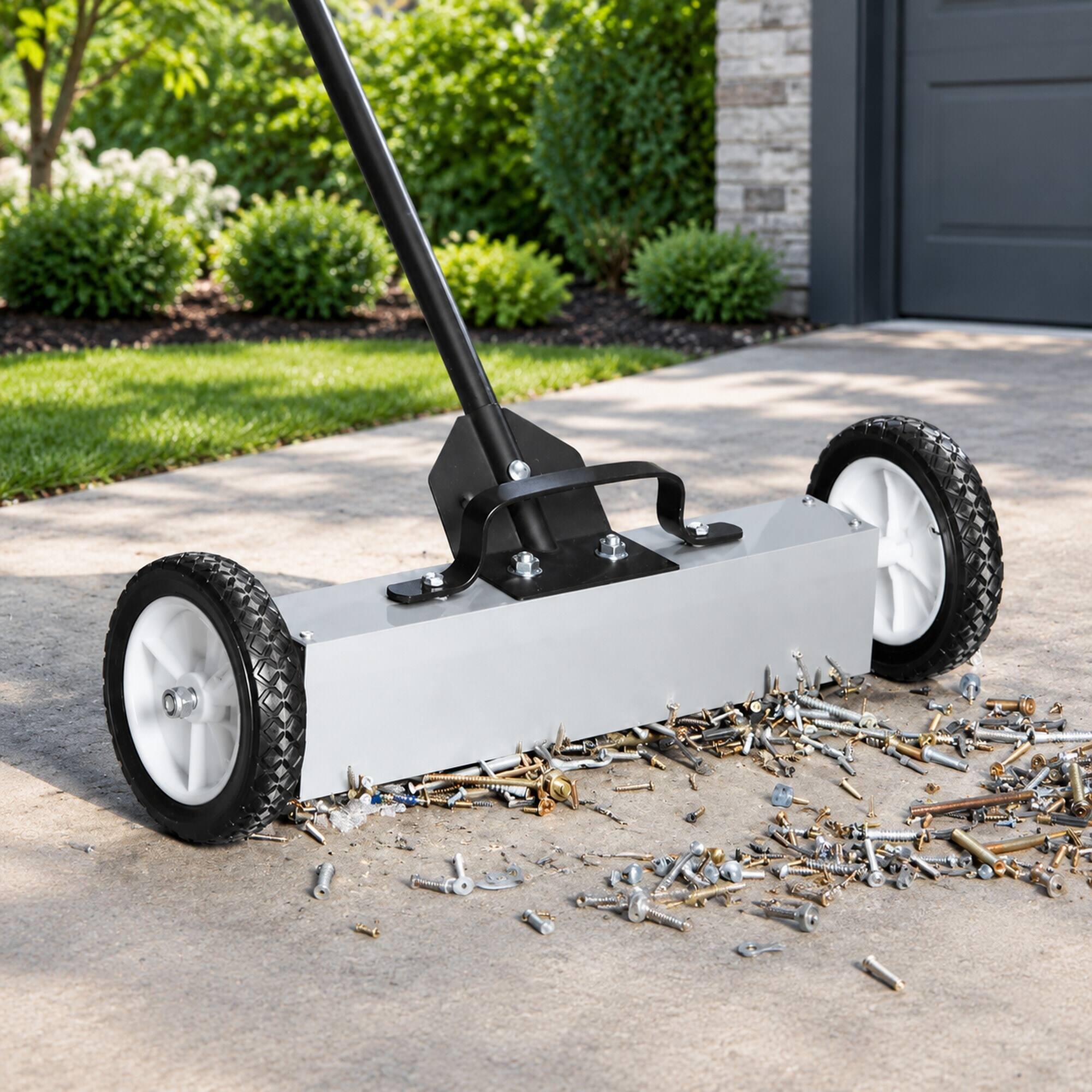 Alt View 6. RYHNUYNE - 45 lbs Rolling Magnetic Sweeper, 18 in Push-Type Pickup Tool, Telescoping Handle, Quick Release, Garage Yard - White.