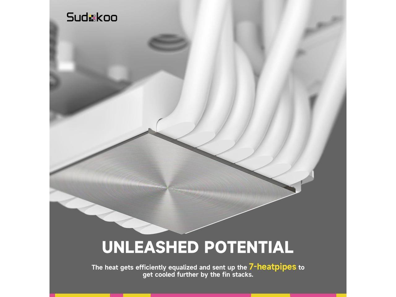 Sudkoo UNLEASHED POTENTIAL  
The heat gets efficiently equalized and sent up the 7-heatpipes to get cooled further by the fin stacks.
