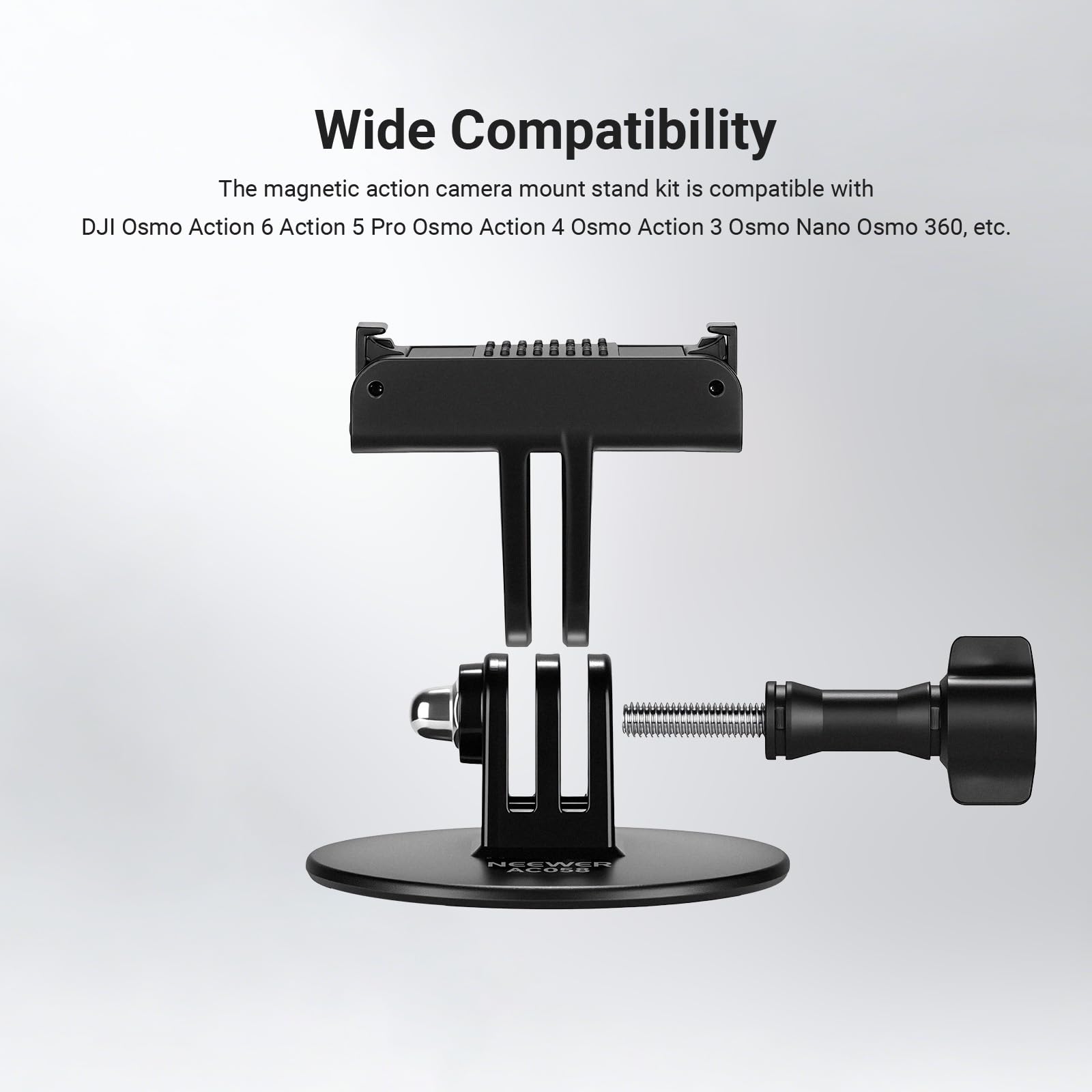 Wide Compatibility

The magnetic action camera mount stand kit is compatible with DJI Osmo Action 6, Action 5 Pro, Osmo Action 4, Osmo Action 3, Osmo Nano, Osmo 360, etc.
