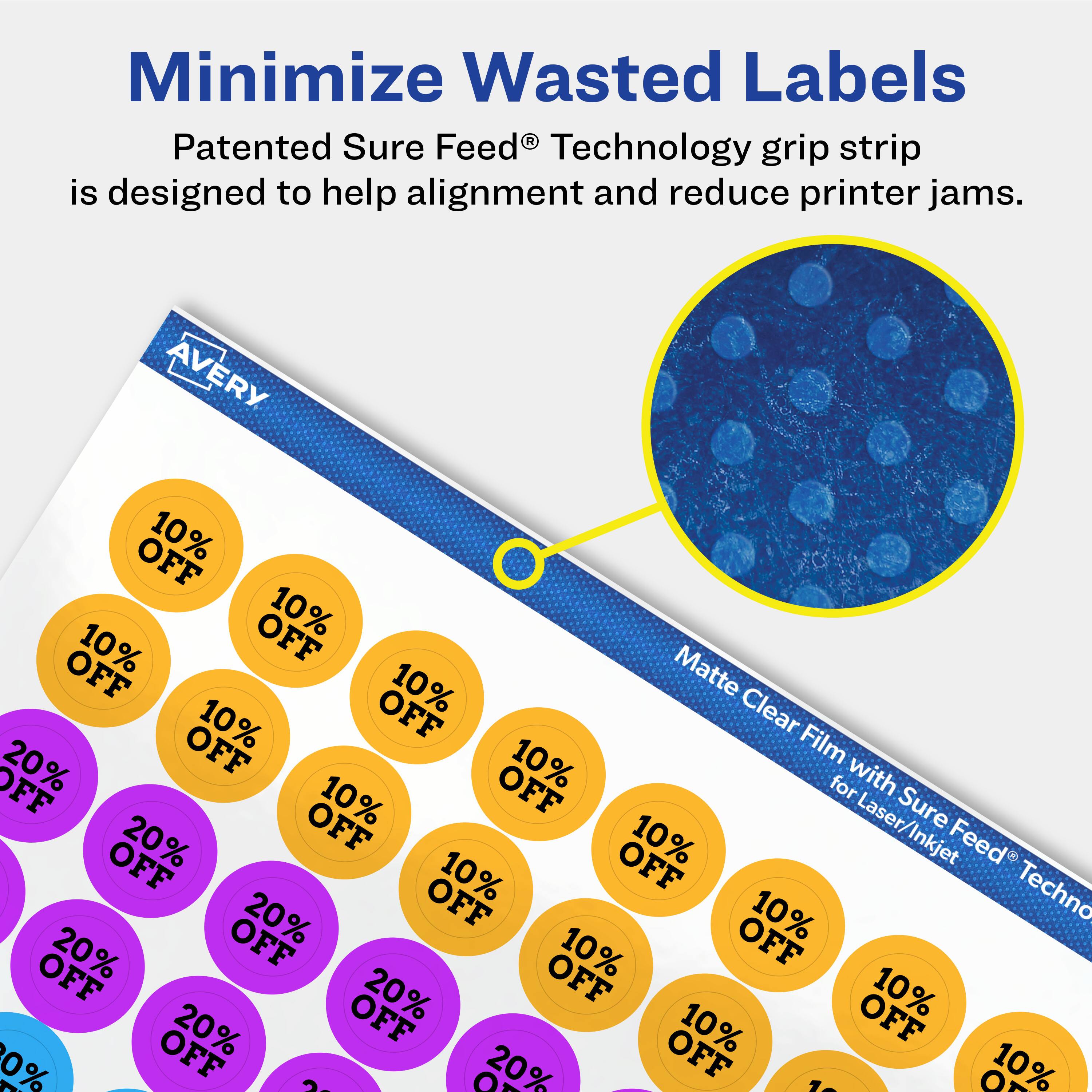 Minimize Wasted Labels

Patented Sure Feed® Technology grip strip is designed to help alignment and reduce printer jams.

AVERY

Matte Clear Film with Sure Feed® Technology for Laser/Inkjet

10% OFF

20% OFF