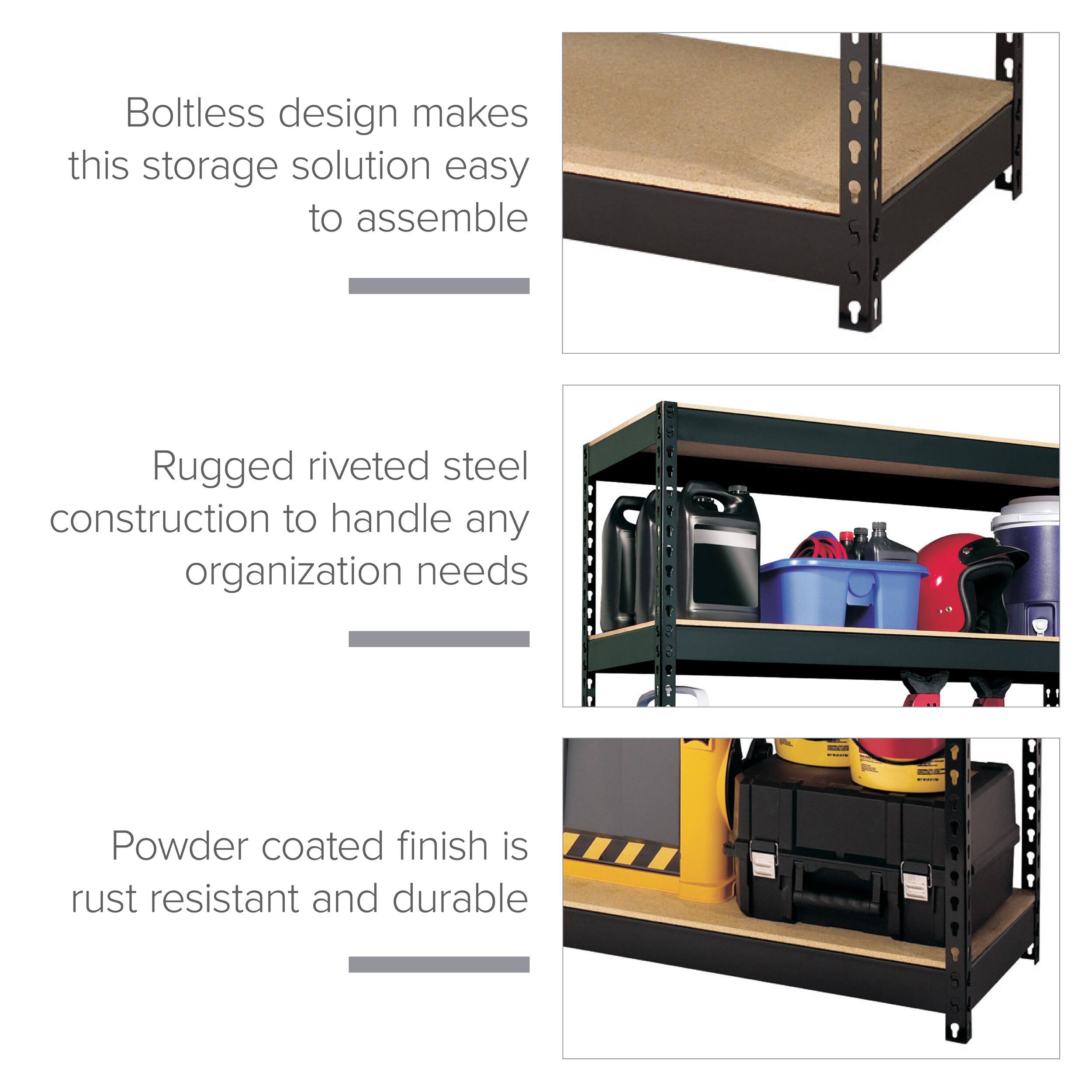 Boltless design makes this storage solution easy to assemble

Rugged riveted steel construction to handle any organization needs

Powder coated finish is rust resistant and durable