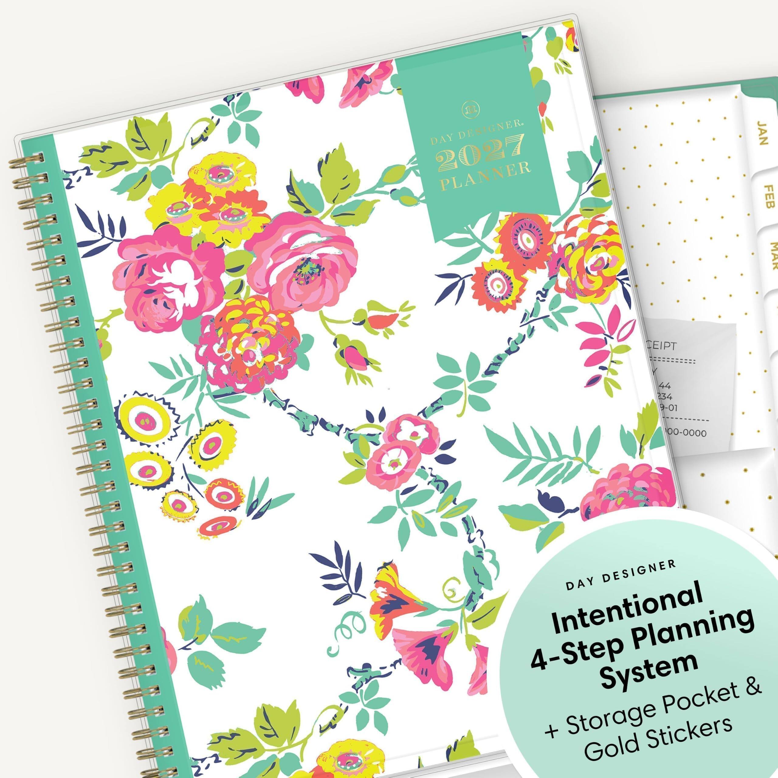 DAY DESIGNER  
2027 PLANNER  

JAN FEB MAR  

CEIPT  
44 234 9-01  
00-0000  

DAY DESIGNER Intentional Planning 4-Step System Pocket & + Storage Stickers Gold