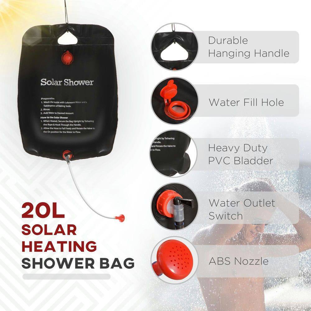 **20L SOLAR HEATING SHOWER BAG**

- **Durable Hanging Handle**
- **Water Fill Hole**
- **Heavy Duty PVC Bladder**
- **Water Outlet Switch**
- **ABS Nozzle**

**Instructions:**

1. Prepare with lukewarm water and a tablespoon of baking soda.
2. Rinse.
3. Add water to desired amount.
4. How to use the Solar Shower:
   - Hang the bag upright by tethering the hook through the handle.
   - Allow the hose to freely rotate and rotate the valve to the "On" position for water flow.
