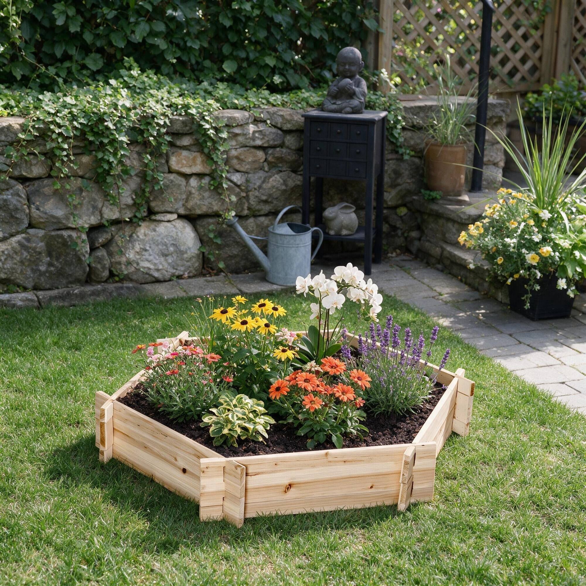 Angle. RYHNUYNE - Hexagonal Wooden Raised Garden Bed, Tool-Free Screwless Planter for Outdoor Vegetables, Flowers, Herbs, 39.25 x 36. - Natural.