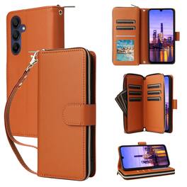 Dteck - Crossbody Wallet Case for Samsung Galaxy A16 5G, Shockproof Zipper Pocket PU Leather Folio Cover with 9 Card Slots - Brown