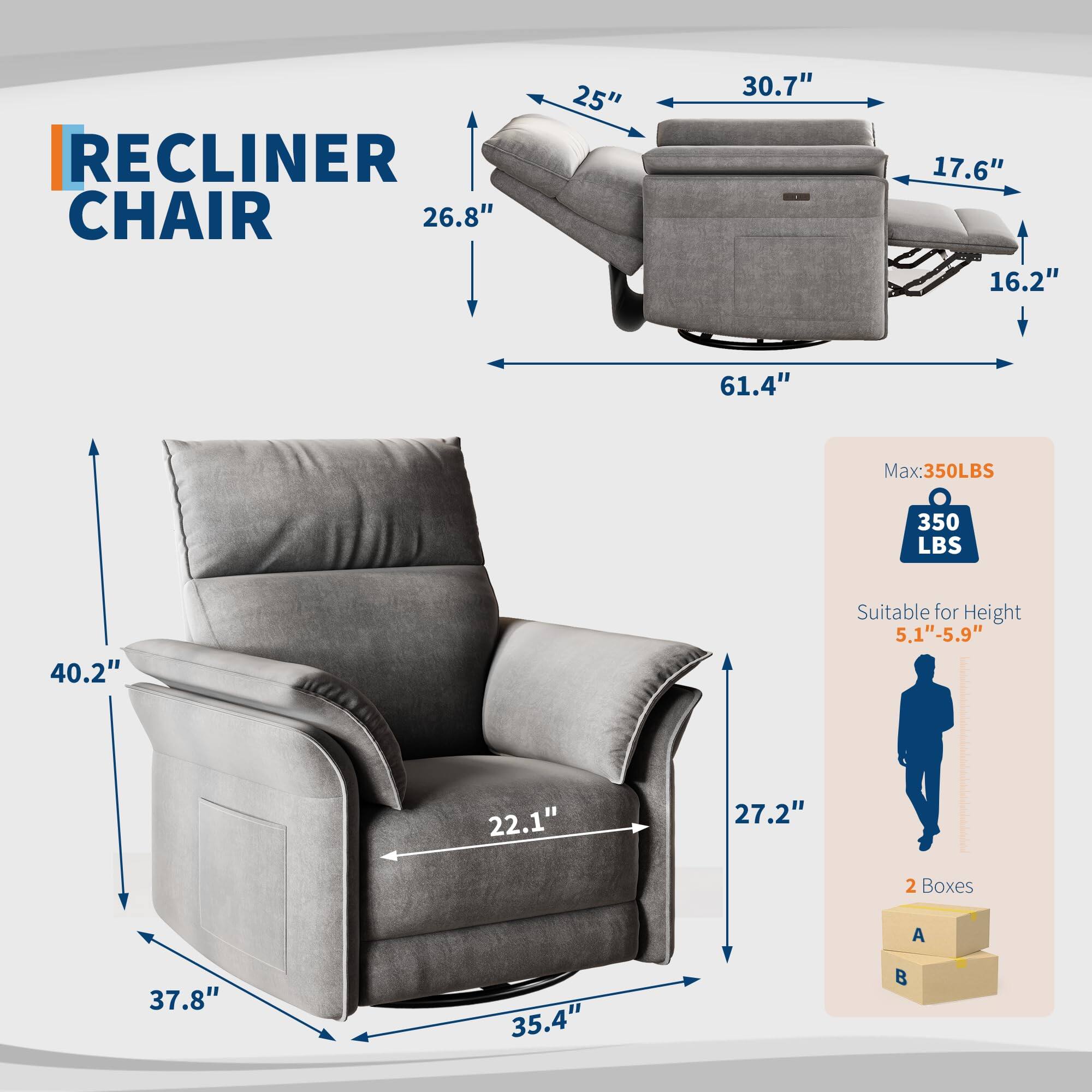 RECLINER CHAIR

- Width: 26.8"
- Depth: 61.4"
- Height: 30.7"
- Seat Height: 16.2"
- Armrest Height: 25"
- Back Height: 17.6"
- Seat Depth: 22.1"
- Seat Width: 35.4"
- Armrest Width: 40.2"
- Overall Height: 37.8"
- Backrest Height: 27.2"

Max Weight Capacity: 350 LBS

Suitable for Height: 5.1" - 5.9"

2 Boxes (A and B)