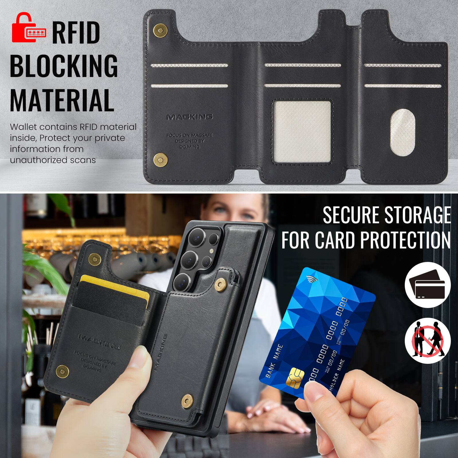 RFID BLOCKING MATERIAL

Wallet contains RFID material inside, Protect your private information from unauthorized scans

SECURE STORAGE FOR CARD PROTECTION

BANK NAME
0000 0000 0000 0000
00/00
NAME
0000 HOLDER
